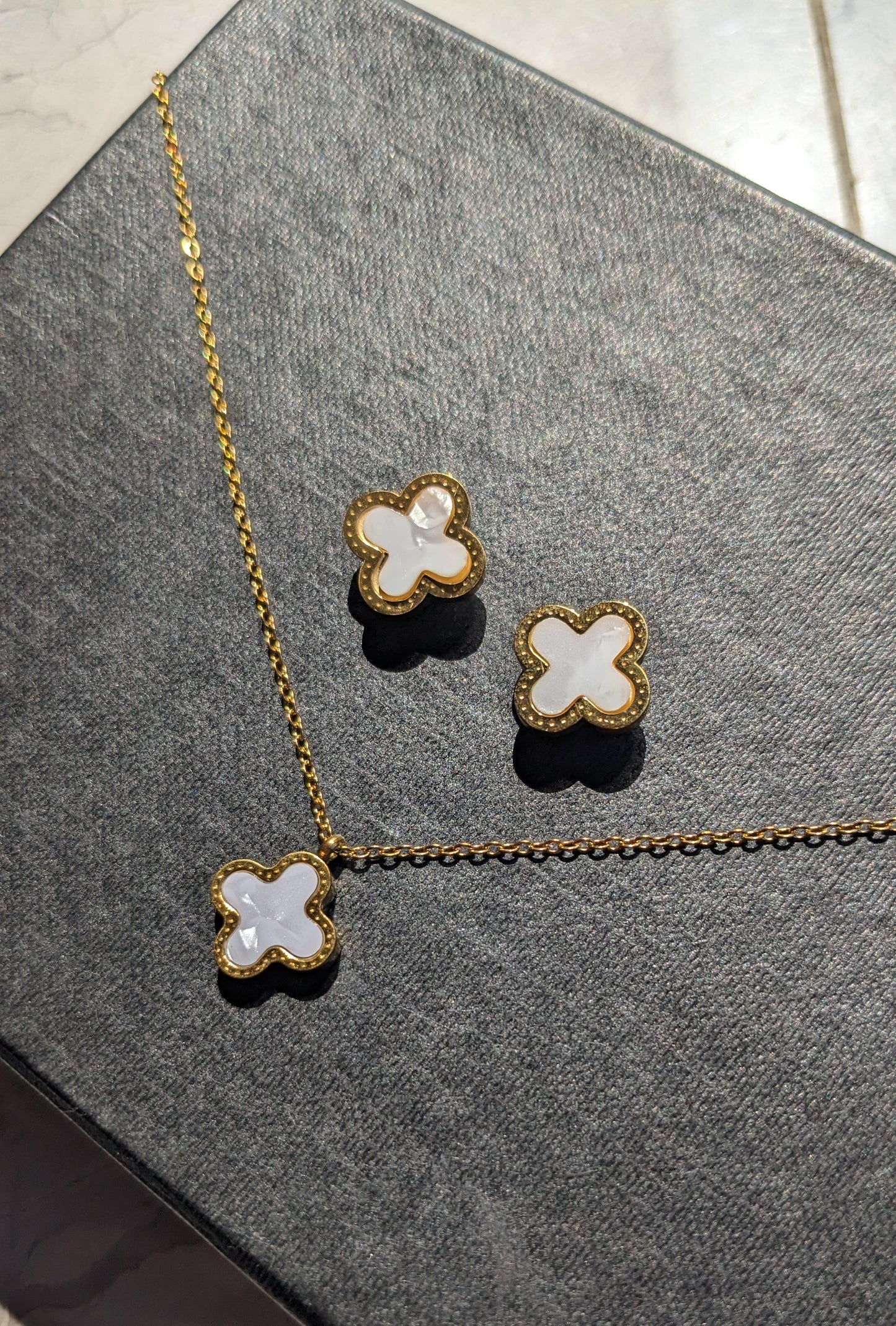 WHITE CLOVER NECKLACE SET- SET OF TWO