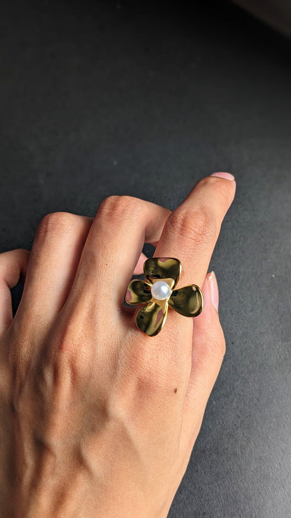 Stainless Steel Flower Pearl Ring - SIFARA JEWELS