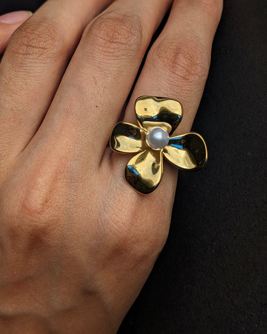 Stainless Steel Flower Pearl Ring - SIFARA JEWELS