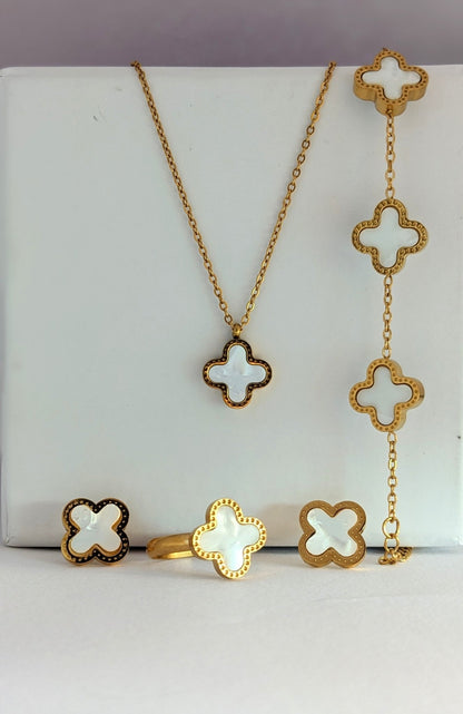 4 - Piece Stainless Steel White Clover Jewelry Set – Pendant Necklace, Earrings, Bracelet & Ring - SIFARA JEWELS