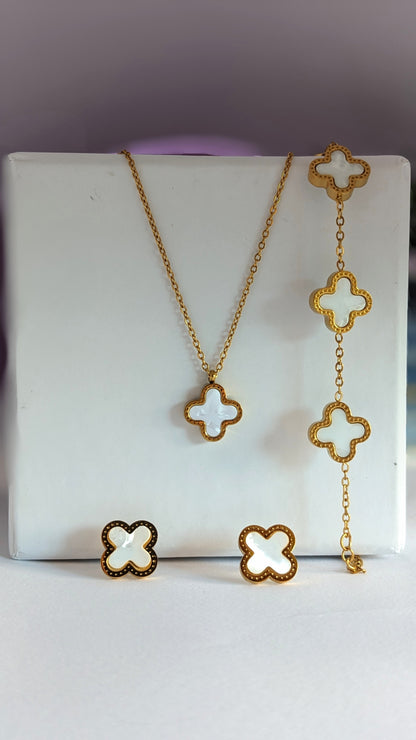 White Clover Jewelry Set – Pendant Necklace, Earrings & Bracelet (3-Piece Stainless Steel Set