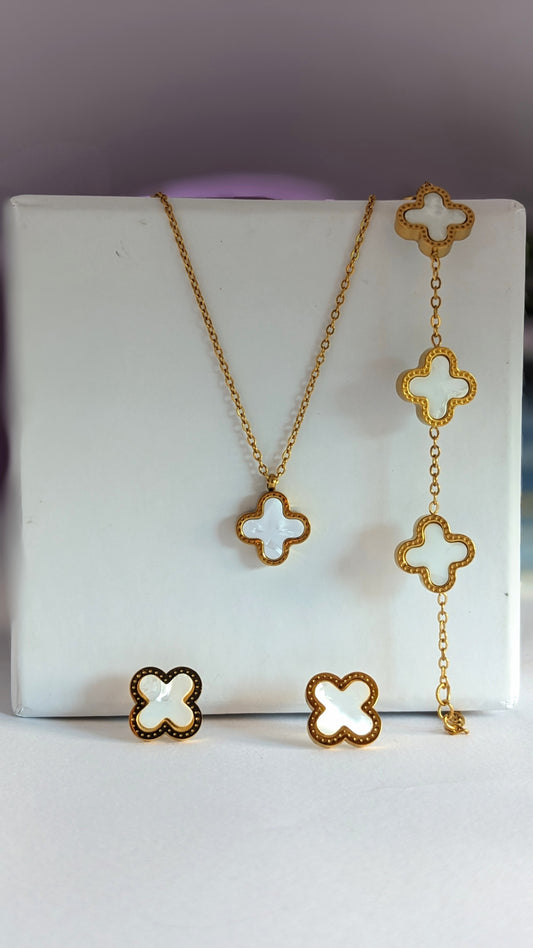 White Clover Jewelry Set – Pendant Necklace, Earrings & Bracelet (3-Piece Stainless Steel Set