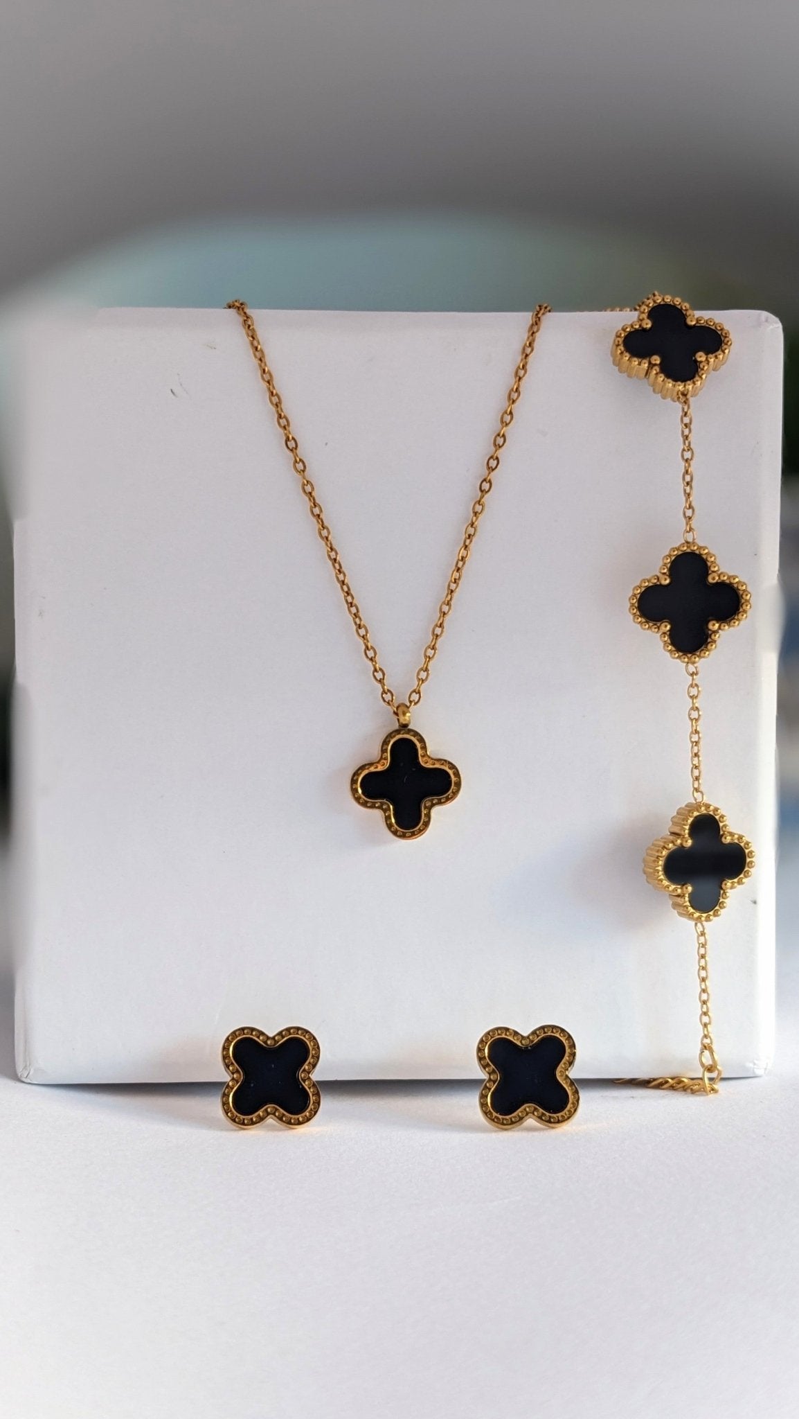 Black Clover Jewelry Set – Pendant Necklace, Earrings & Bracelet (3 - Piece Stainless Steel Set - SIFARA JEWELS