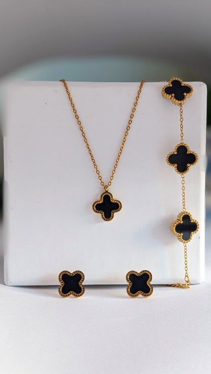 Black Clover Jewelry Set – Pendant Necklace, Earrings & Bracelet (3 - Piece Stainless Steel Set - SIFARA JEWELS