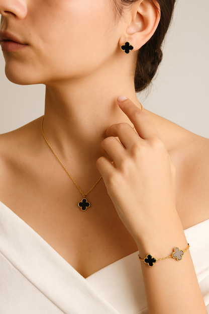 Black Clover Jewelry Set – Pendant Necklace, Earrings & Bracelet (3-Piece Stainless Steel Set